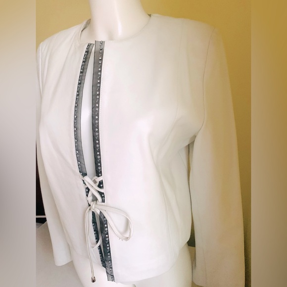 White Real lamb leather blazer Jacket Black Chiphon Trim With Rhinestones Eur L - Picture 2 of 13